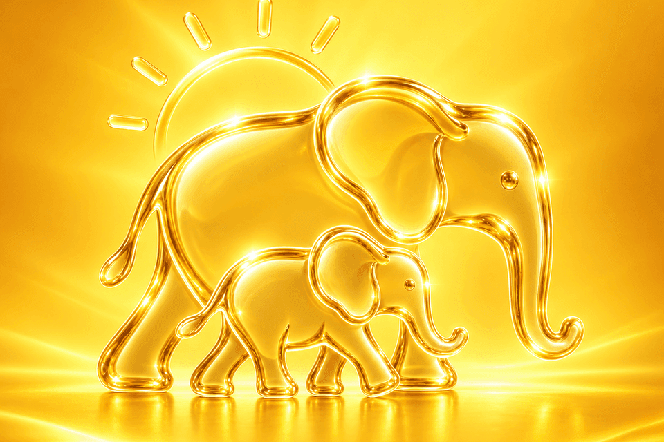 Herdhood’s emblem: a golden glass elephant and her calf walking under a glowing sun